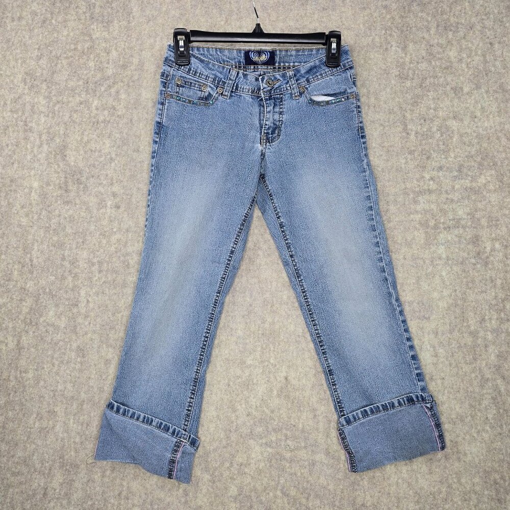 Angels Girls Embellished Bootcut Jeans Light Blue Adjustable Waist Rhinestones